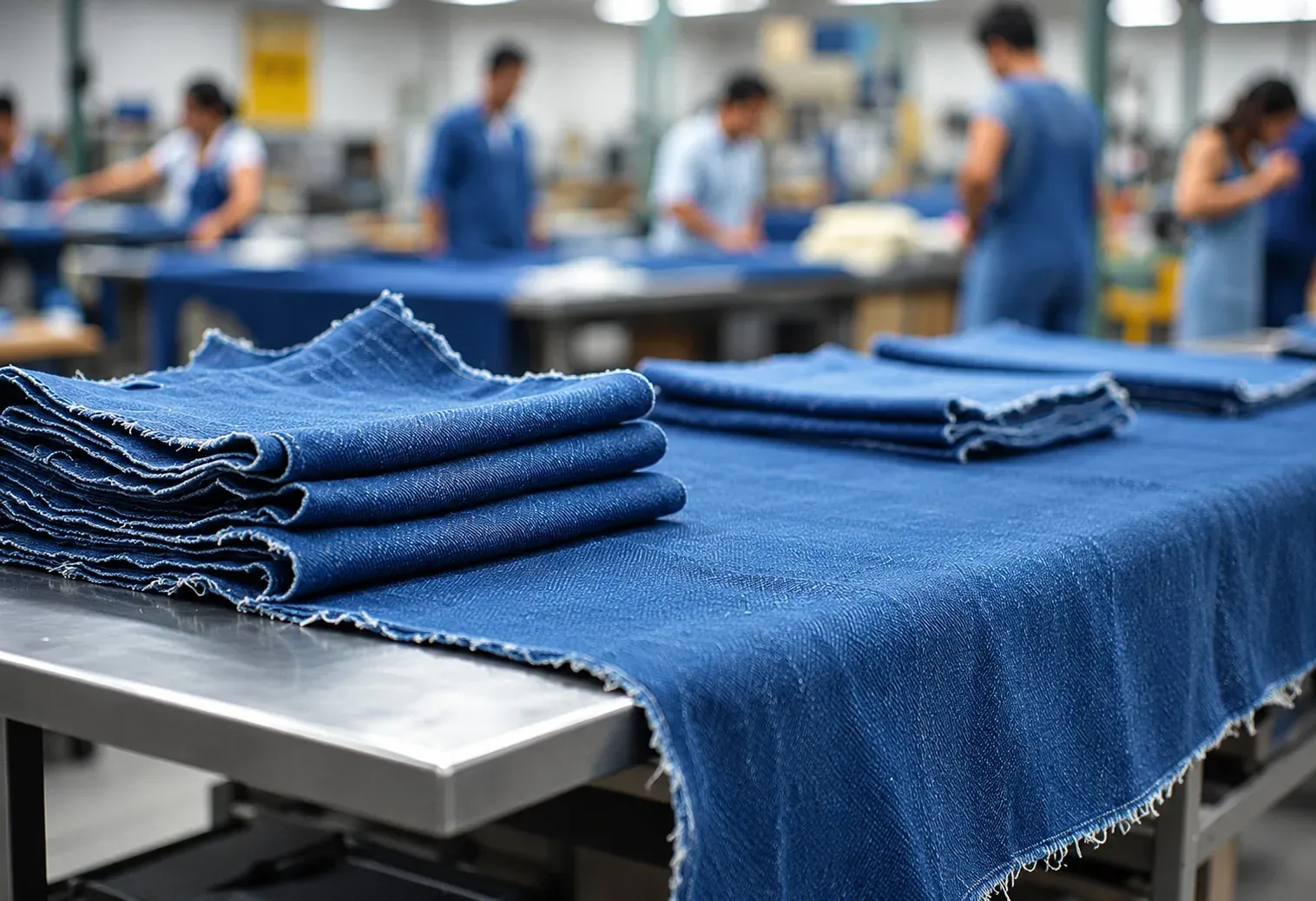 Folded denim stacked on a cutting table, with the cutting floor at work behind