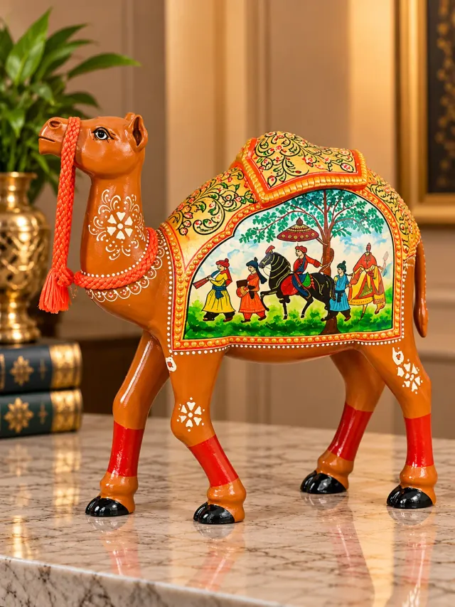 Hand-painted wooden camel showpiece