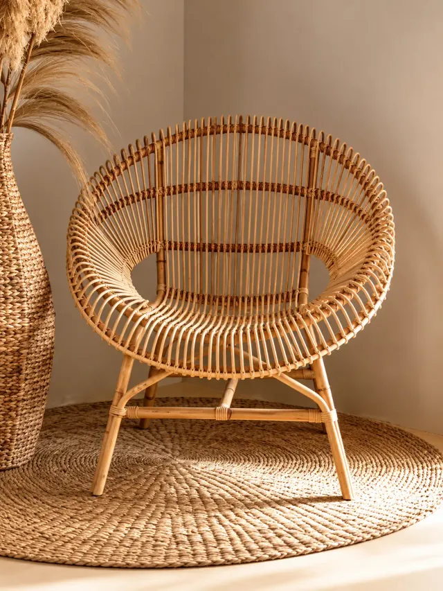 Round rattan cane armchair