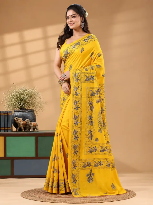 Kantha-embroidered saree in yellow