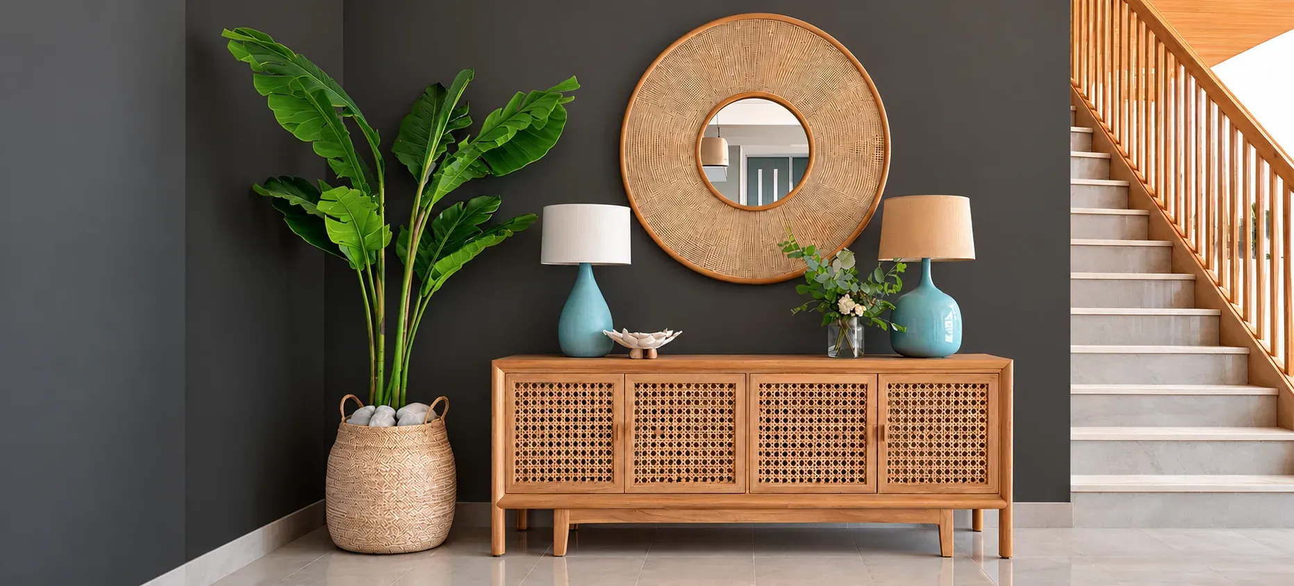 A sunlit entryway styled with a brass lamp, woven rug and timber side table
