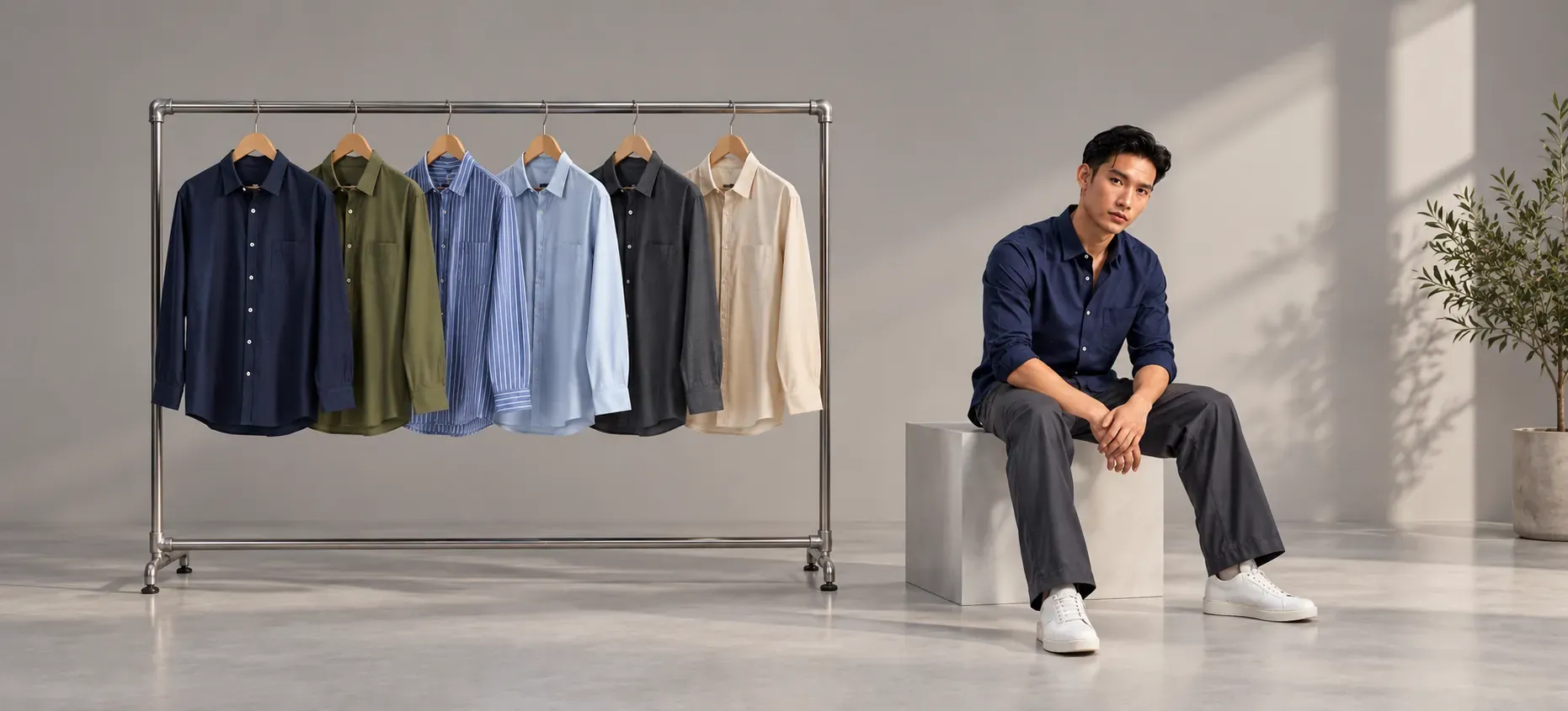 A studio rail of pressed shirts beside a seated model in a navy shirt and dark trousers