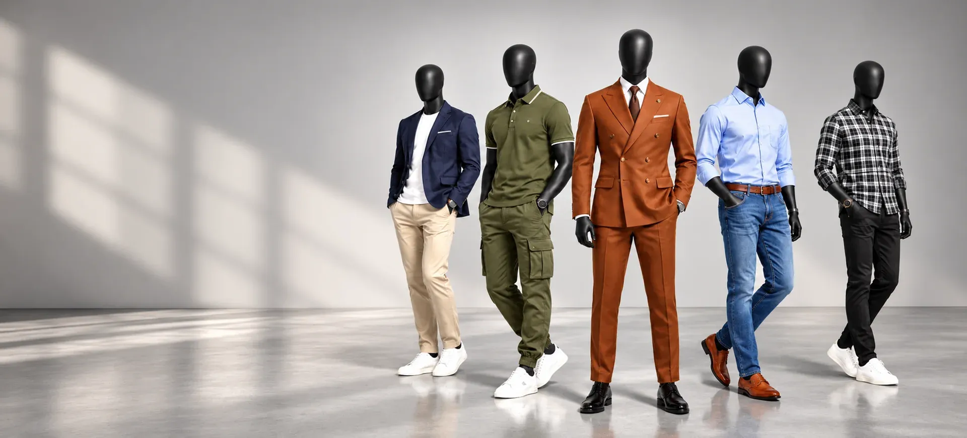 Five mannequins in smart-casual menswear, from a navy blazer to a check shirt, in a sunlit studio
