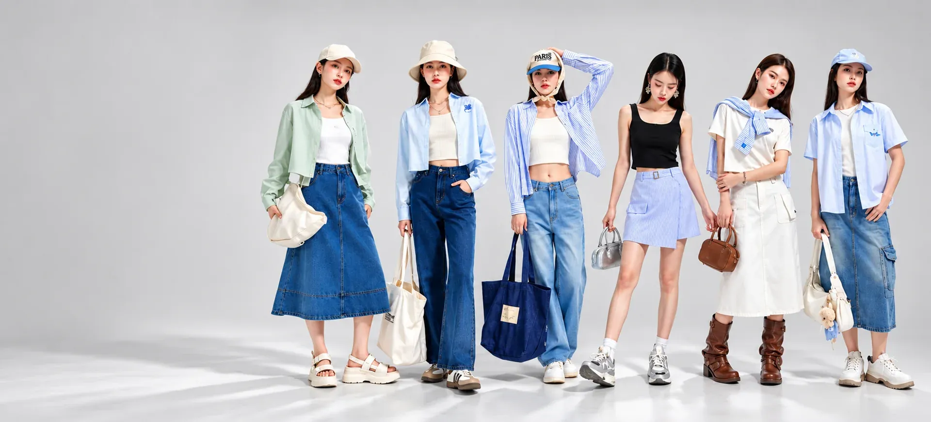 Six models in denim and summer womenswear, with skirts, wide-leg jeans and shirting