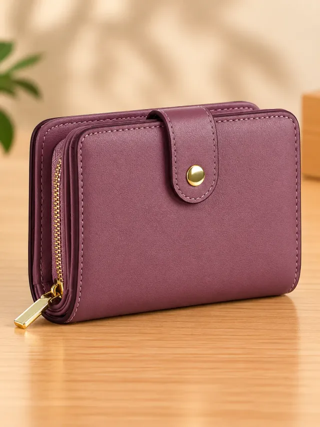Mauve leather wallet with a gold clasp